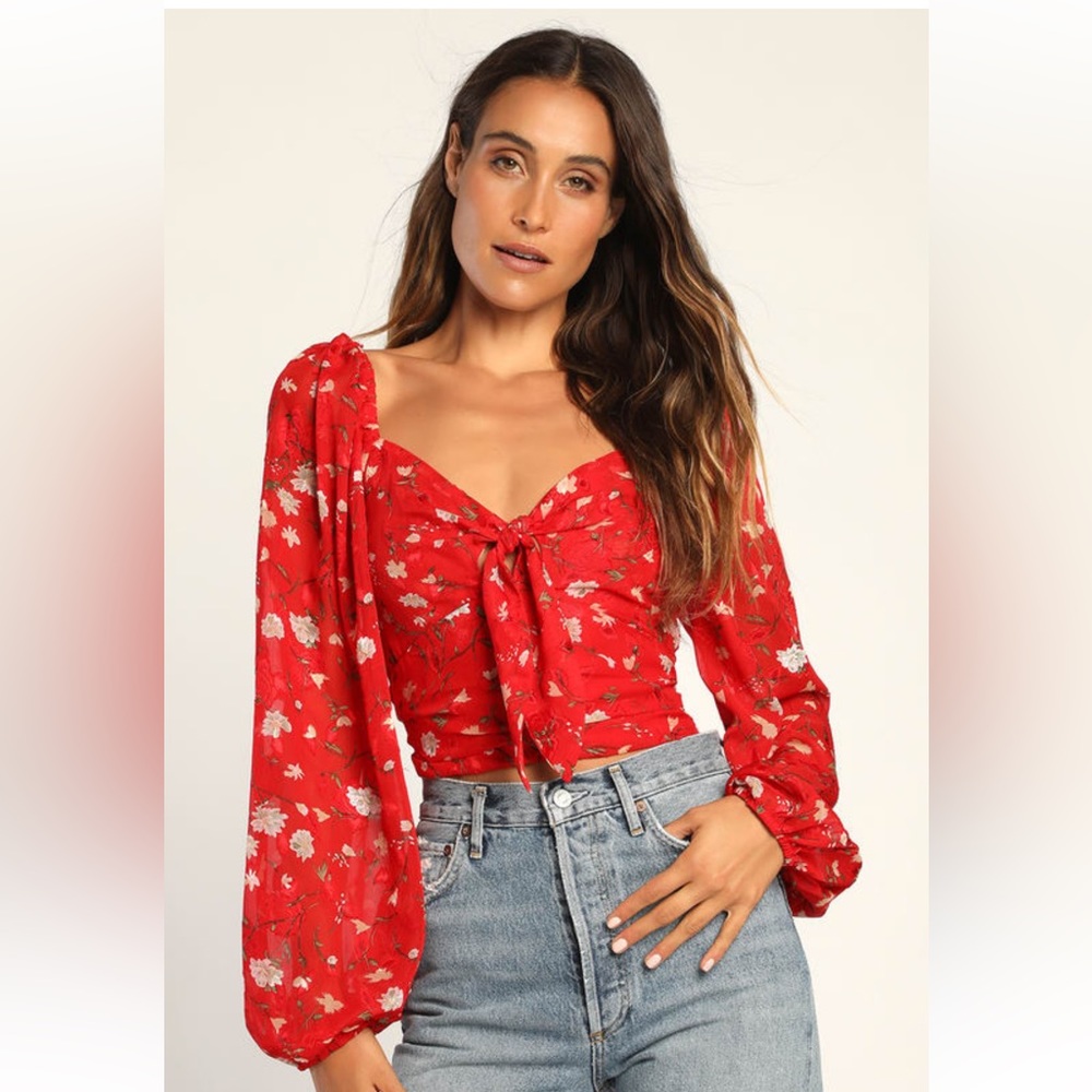 Lulu’s Flower Source Red Floral Print Tie-Front Long Sleeve Top